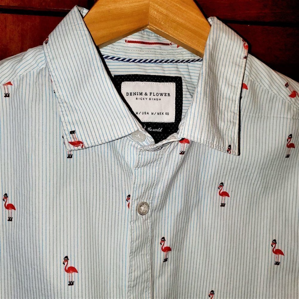 New Denim Flower Ricky Singh Santa Flamingo Shirt Mens Sz M Pinstripe Beach Fun!